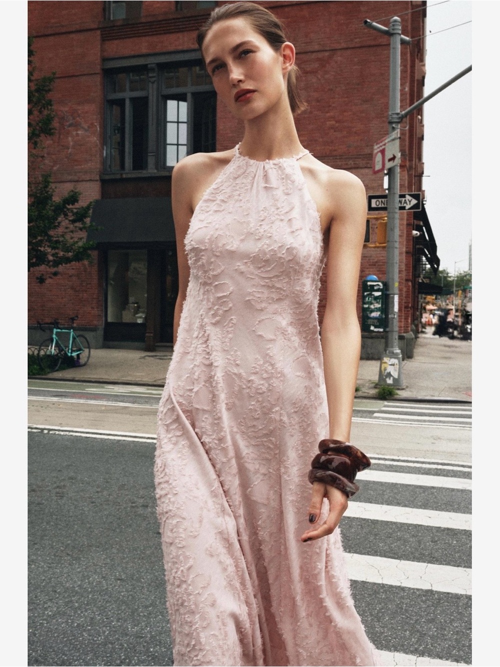 Zara NEW Pale Pink Textured Weave Halter Flowy Formal Maxi Dress Size Small